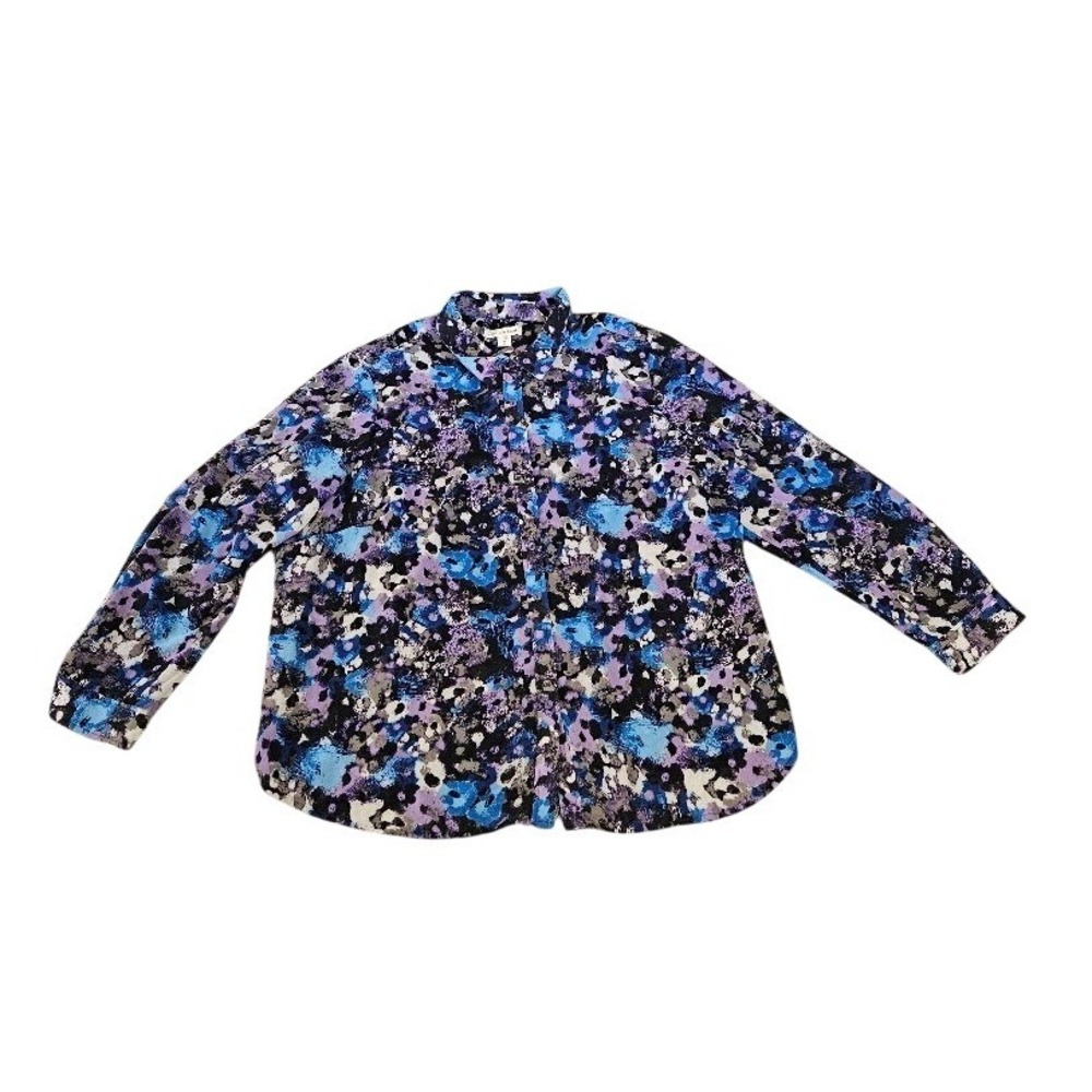 Coldwater Creek Women 3X Blue Purple Abstract Floral Button Up Blouse Top 24